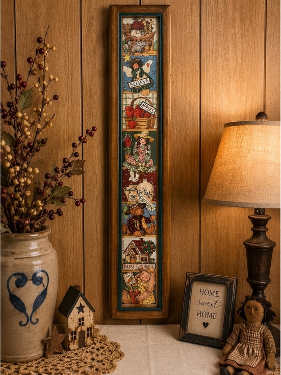 Other - Vintage Country Folk Art Wall Hanging Framed Seasonal Sampler 23.5x4.5